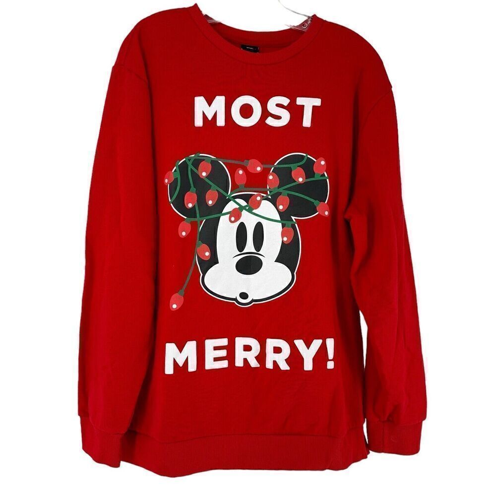 Disney Mickey Mouse Christmas Sweatshirt Mens Size XL Red Christmas Light Mickey